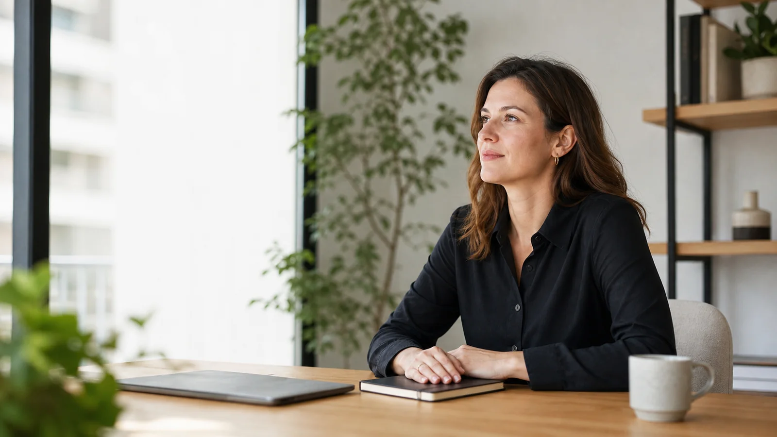 Berufstätige Frau nimmt sich im hellen Büro einen ruhigen Moment