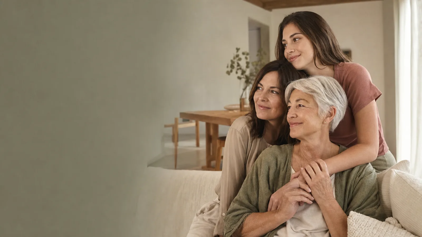 Drei erwachsene Frauen verschiedener Generationen in einem warmen, verbundenen Moment